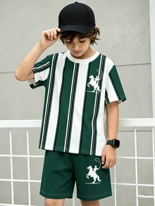 1套夏季時尚新款短袖上衣與短褲套裝，綠白條紋配白色奔馬圖案，視覺衝擊力強，清爽純真風格，瞬間變身陽光小帥哥，拍照首選 - 彩色 - 查看 8