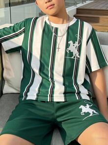 1套夏季時尚新款短袖上衣與短褲套裝，綠白條紋配白色奔馬圖案，視覺衝擊力強，清爽純真風格，瞬間變身陽光小帥哥，拍照首選 - 彩色 - 查看 3