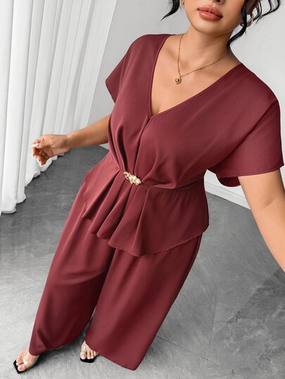Elenzga Women's Plus Size V-Neck Short Sleeve Cinched Waist Back Tie Gathered Metal Buckle Decor Ruffle Hem Top And Long Wide Leg Pants With Pockets, Elegant Casual, Party, Office, Commute Two Pieces Set