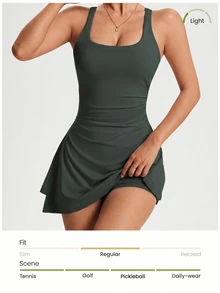 Dewbera Dewbera 女款素色百褶休閒日常運動裙褲 - 墨綠色 - 查看 5
