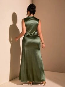 Cravure Women's Plus Size Spring Autumn Winter Date Party Banquet Evening Dress Christmas Knot Slit Sleeveless Satin Dress Fall/Winter - Army Green - View 6