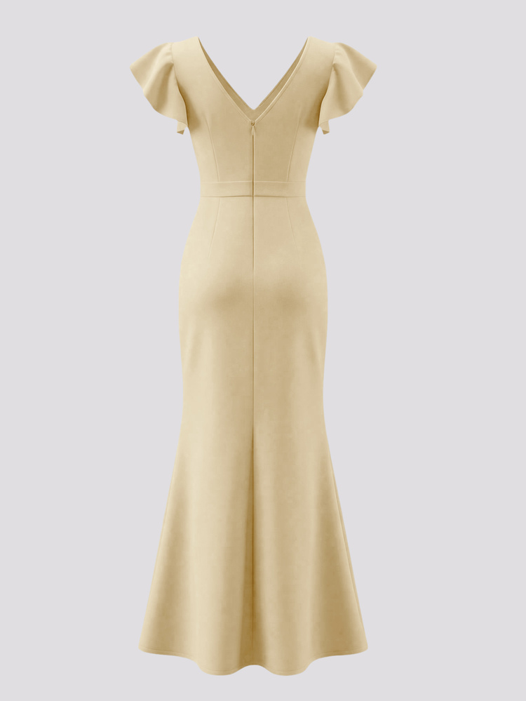 Selianne Elegant Wedding Summer Dress With Silver Sequin,Deep V-Neck,Metallic Rhinestone Decor,Ruffle Sleeves,Asymmetric Slit,Pleated Formal Long Gown,Waist - Apricot - View 2