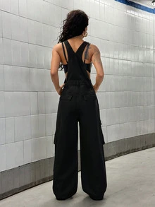 SHEIN Tall 秋季 Y2K 街頭風休閒優雅寬腿多口袋黑色牛仔連身褲，彈性修身顯瘦，適合外出、演唱會、日常穿著的時尚女款牛仔連身褲 - 黑色 - 查看 2