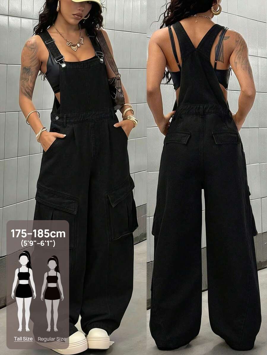 SHEIN Tall 秋季 Y2K 街頭風休閒優雅寬腿多口袋黑色牛仔連身褲,彈性修身顯瘦,適合外出、演唱會、日常穿著的時尚女款牛仔連身褲 - 黑色 - 查看 1