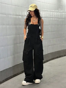 SHEIN Tall 秋季 Y2K 街頭風休閒優雅寬腿多口袋黑色牛仔連身褲，彈性修身顯瘦，適合外出、演唱會、日常穿著的時尚女款牛仔連身褲 - 黑色 - 查看 3