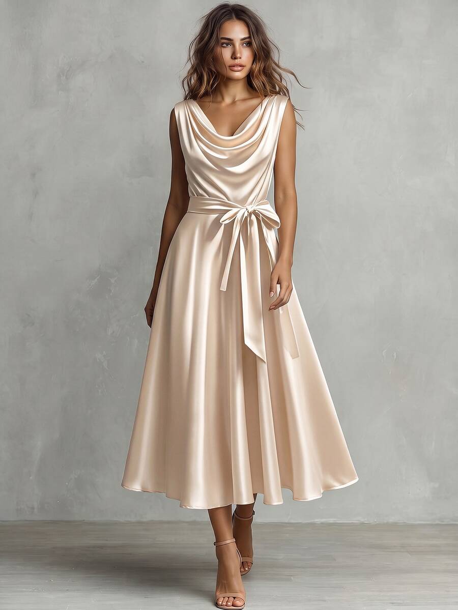 Franclia Women's Elegant Solid Color Waist Gathering Dress - Apricot - View 1