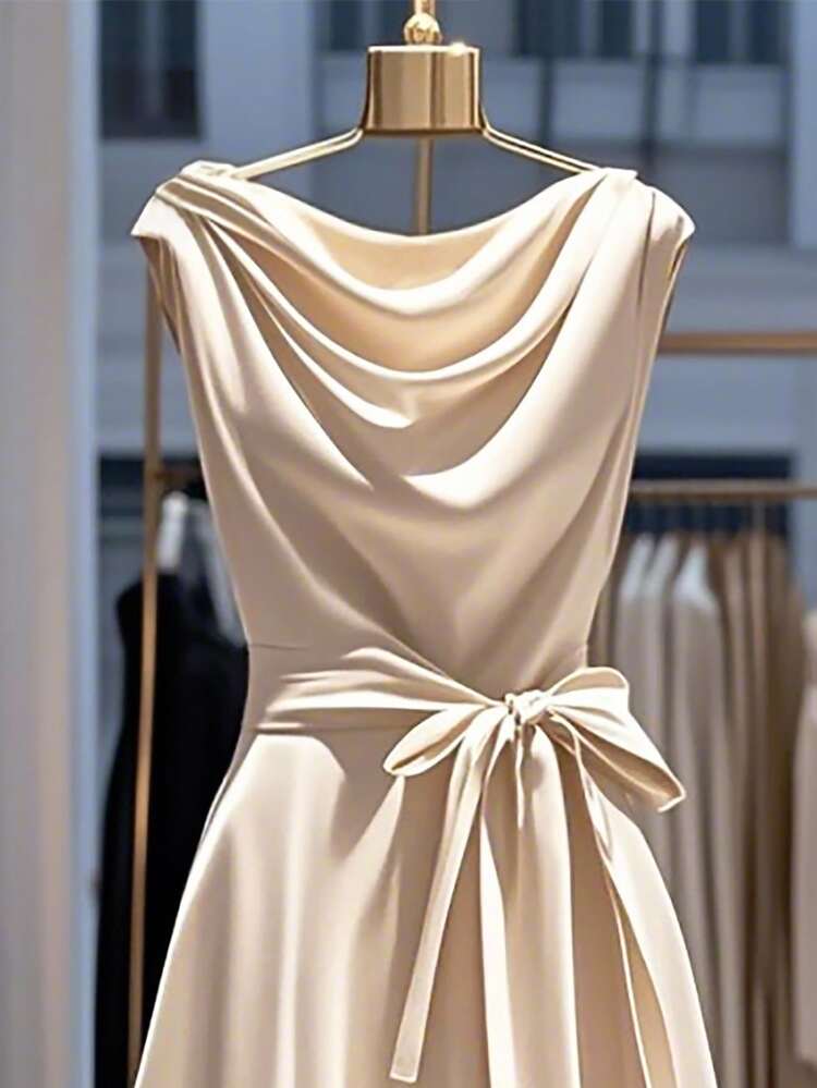 Franclia Women's Elegant Solid Color Waist Gathering Dress - Apricot - View 4