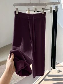 Franclia New Women High Waist Drawstring Casual Straight Leg Pants, Thermal Lined Thick Knit Trousers - Purple - View 7