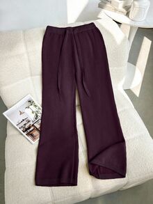 Franclia New Women High Waist Drawstring Casual Straight Leg Pants, Thermal Lined Thick Knit Trousers - Purple - View 2