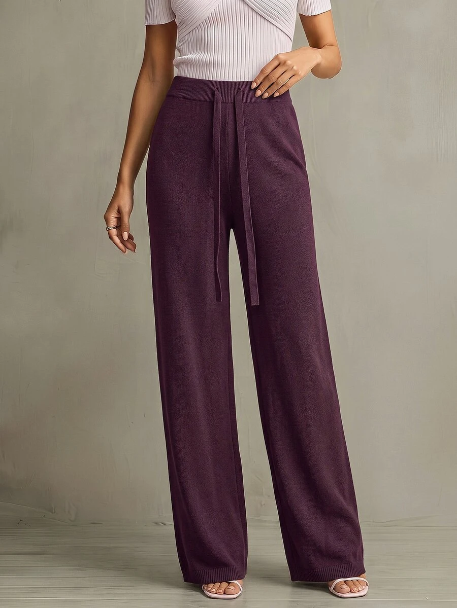 Franclia New Women High Waist Drawstring Casual Straight Leg Pants, Thermal Lined Thick Knit Trousers - Purple - View 1