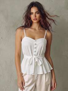 Franclia Women's White Pearl Button Tie Ruffle Hem Camisole - White - View 1