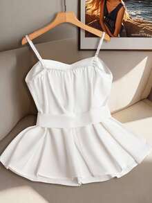 Franclia Women's White Pearl Button Tie Ruffle Hem Camisole - White - View 2