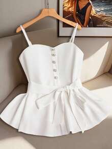 Franclia Women's White Pearl Button Tie Ruffle Hem Camisole - White - View 4