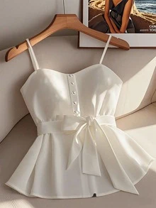 Franclia Women's White Pearl Button Tie Ruffle Hem Camisole - White - View 3