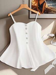 Franclia Women's White Pearl Button Tie Ruffle Hem Camisole - White - View 5