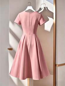 SHEIN Franclia Women Elegant Commuter Solid Color Notched Neck Short Sleeve Midi Dress Softpink Qipao - Pink - View 2