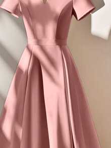 SHEIN Franclia Women Elegant Commuter Solid Color Notched Neck Short Sleeve Midi Dress Softpink Qipao - Pink - View 5
