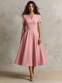 SHEIN Franclia Women Elegant Commuter Solid Color Notched Neck Short Sleeve Midi Dress Softpink Qipao - Pink - View 1