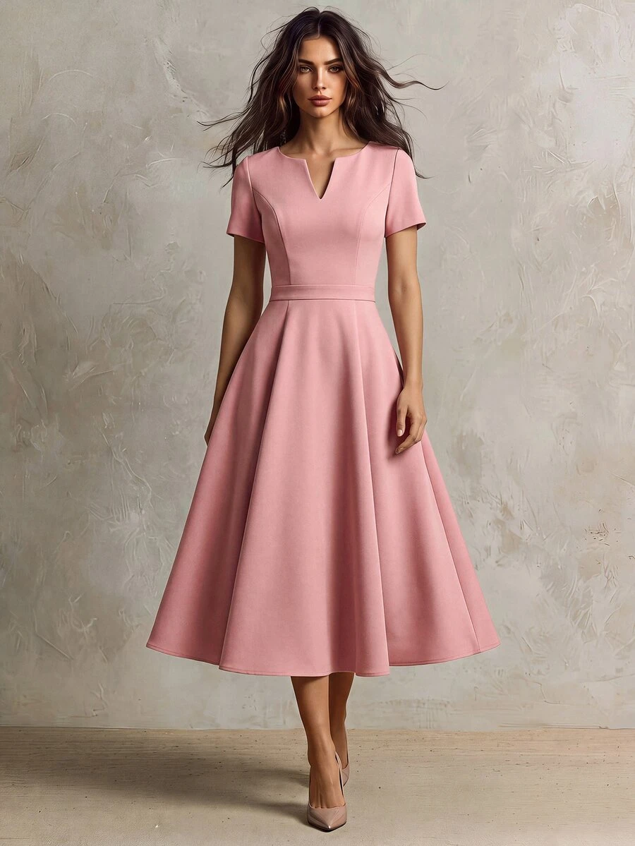 SHEIN Franclia Women Elegant Commuter Solid Color Notched Neck Short Sleeve Midi Dress Softpink Qipao - Pink - View 1
