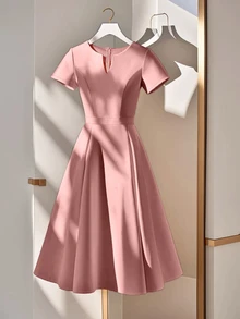 SHEIN Franclia Women Elegant Commuter Solid Color Notched Neck Short Sleeve Midi Dress Softpink Qipao - Pink - View 3