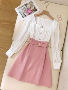 Franclia Women's Elegant Commuter Color Block Lantern Sleeve Dress Fall Cloth For Women - Pink - View 6