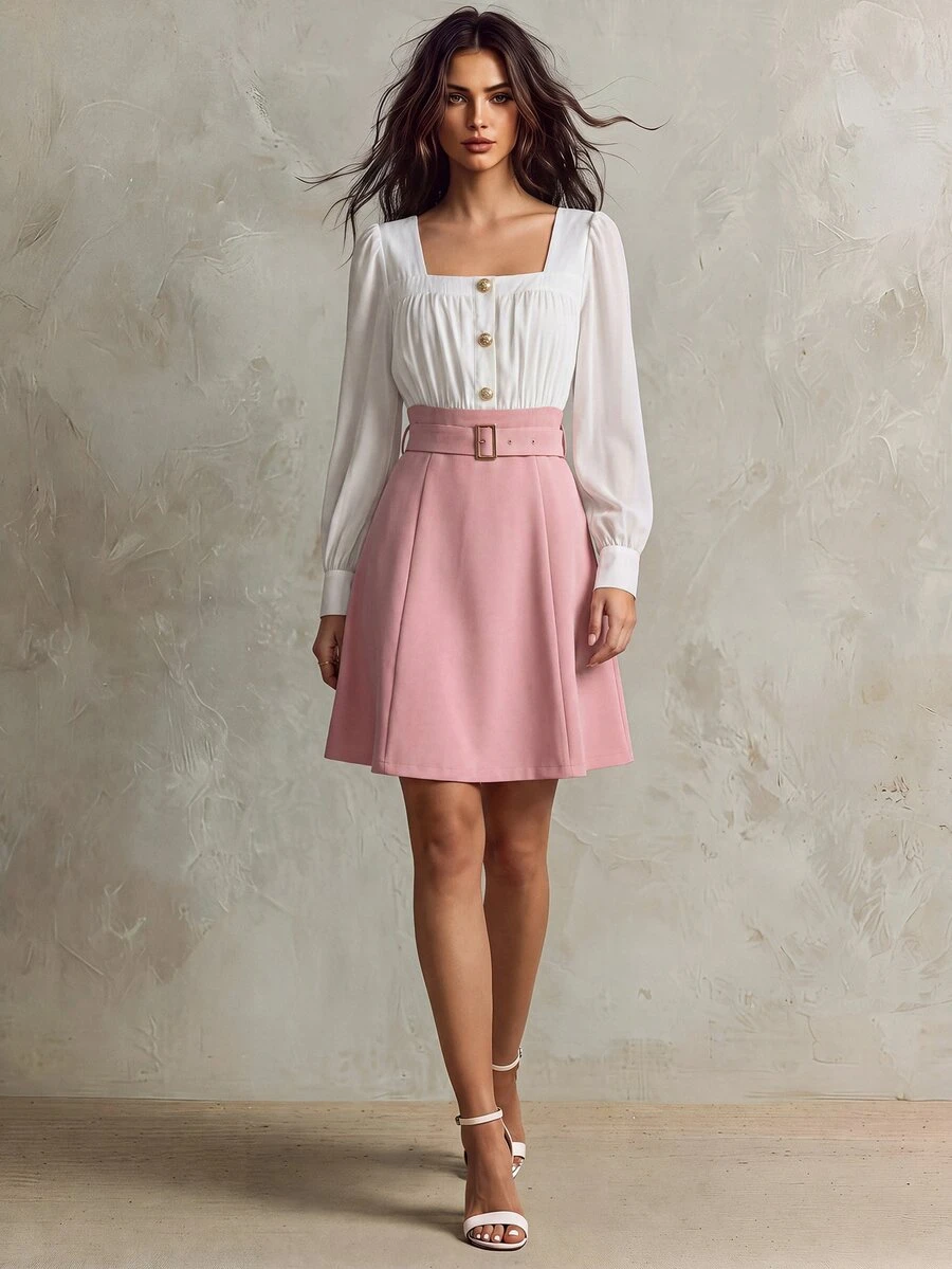 Franclia Women's Elegant Commuter Color Block Lantern Sleeve Dress Fall Cloth For Women - Pink - View 1