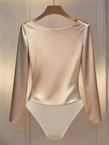 Franclia Elegant V-Neck Long Sleeve Ruffle Trim Button Decor Bodysuit For Women - Apricot - View 2