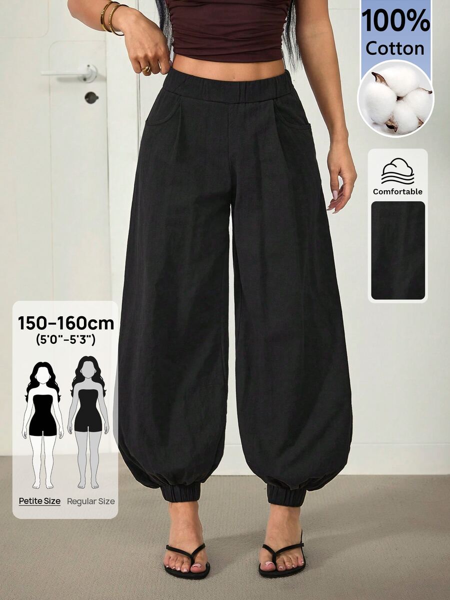 SHEIN PETITE 女款時尚百搭黑色100%純棉寬腿長褲 - 黑色 - 查看 1