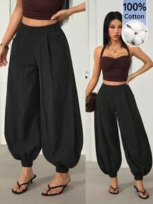 SHEIN PETITE 女款時尚百搭黑色100%純棉寬腿長褲 - 黑色 - 查看 3