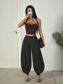 SHEIN PETITE 女款時尚百搭黑色100%純棉寬腿長褲 - 黑色 - 查看 5