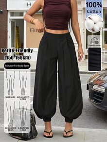 SHEIN PETITE 女款時尚百搭黑色100%純棉寬腿長褲 - 黑色 - 查看 4