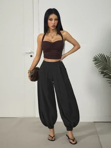 SHEIN PETITE 女款時尚百搭黑色100%純棉寬腿長褲 - 黑色 - 查看 7