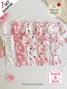 SHEIN 【隨機1套】女童幼兒修身合身睡衣套裝 長袖長褲 可愛甜點蛋糕星星月亮考拉獨角獸兔子奶牛熱門元素圖案印花 - 彩色 - 查看 1