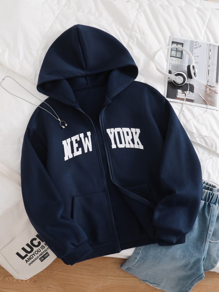 1pc Teen Girls Casual Versatile Regular Loose Korean Style Open Front Sweatshirt Jacket Back To School - Blue - View 4