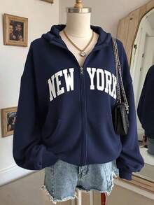 1件青少年女孩休閒百搭正身長鬆韓風開襟運動外套 開學季 - 藍色 - 查看 2