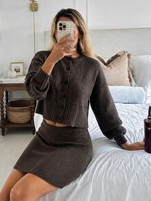 Siren Gaze 秋冬休閒極簡基礎純色針織套裝 開襟鈕扣針織外套與裙子 A-Fabric 女款日常深棕色套裝 - 深灰色 - 查看 8