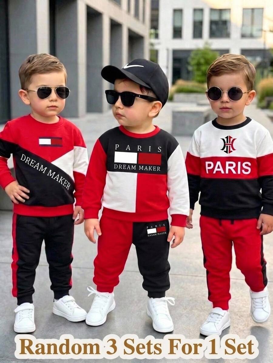Casual And Stylish Minimalist Letter Print Gradient Crewneck Sweatshirt And Matching Soft Trousers Set For Baby Boys - Multicolor - View 1