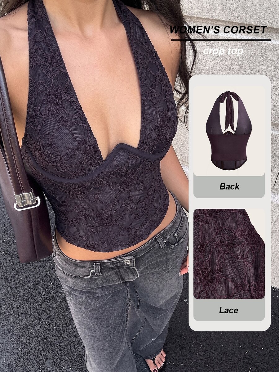 Aloruh Women's Chic Fall/Winter Halter Neck Corset Top, Backless Crop Top, Tight Bustier, Mesh Knit, Club Wear, Night Out, Rave Party, Casual Sexy