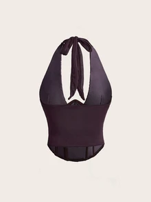Aloruh Women's Chic Fall/Winter Halter Neck Corset Top, Backless Crop Top, Tight Bustier, Mesh Knit, Club Wear, Night Out, Rave Party, Casual Sexy - Purple - View 3