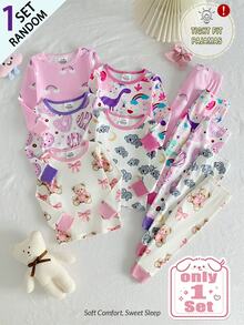 SHEIN 【隨機1套】女孩貼身舒適睡衣，長袖長褲，可愛甜點蛋糕、星星、月亮、無尾熊、獨角獸、兔子、乳牛印花熱門元素，舒適面料，甜美女孩愛用，睡衣居家服 - 彩色 - 查看 1