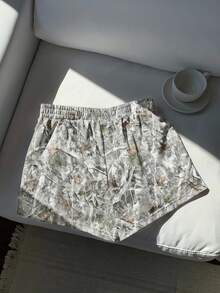 Comfortcana 女款休閒保守版寬鬆復古迷彩樹枝印花中腰鬆弛短褲，飄逸開學海灘運動度假灰色迷彩夏季短褲 - 彩色 - 查看 4