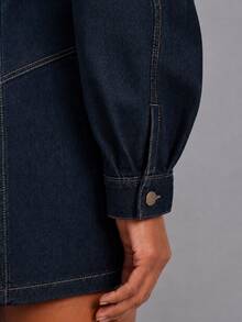 Zerodot Gaun Mini Denim Gelap Wanita dengan Struktur untuk Pesta Liburan Musim Gugur/Pra-Musim Gugur - Dark Wash - View 6