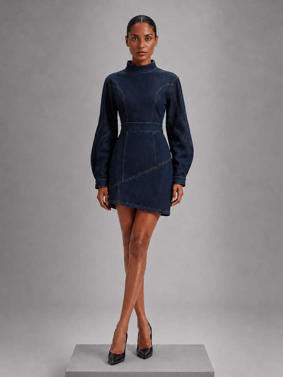 Zerodot Gaun Mini Denim Gelap Wanita dengan Struktur untuk Pesta Liburan Musim Gugur/Pra-Musim Gugur - Dark Wash - View 1