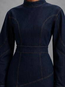 Zerodot Gaun Mini Denim Gelap Wanita dengan Struktur untuk Pesta Liburan Musim Gugur/Pra-Musim Gugur - Dark Wash - View 4
