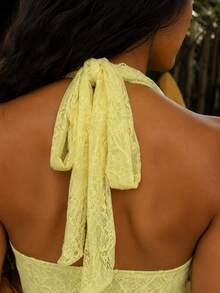Zerodot Atasan Wanita Kuning Berenda Model Halter dengan Leher V Dalam dan Rumbai Elegan untuk Pesta, Acara Musim Semi dan Gugur - Kuning - View 7