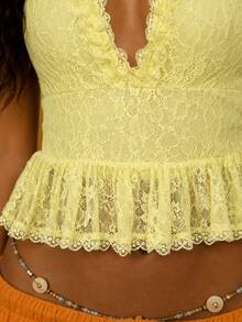 Zerodot Atasan Wanita Kuning Berenda Model Halter dengan Leher V Dalam dan Rumbai Elegan untuk Pesta, Acara Musim Semi dan Gugur - Kuning - View 6