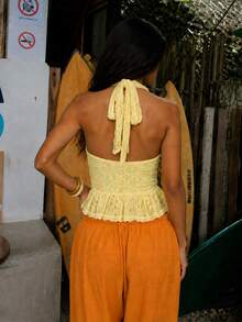 Zerodot Atasan Wanita Kuning Berenda Model Halter dengan Leher V Dalam dan Rumbai Elegan untuk Pesta, Acara Musim Semi dan Gugur - Kuning - View 2