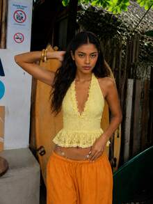 Zerodot Atasan Wanita Kuning Berenda Model Halter dengan Leher V Dalam dan Rumbai Elegan untuk Pesta, Acara Musim Semi dan Gugur - Kuning - View 8