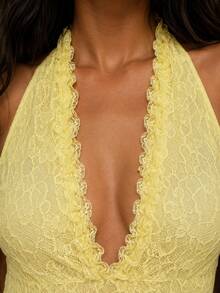 Zerodot Atasan Wanita Kuning Berenda Model Halter dengan Leher V Dalam dan Rumbai Elegan untuk Pesta, Acara Musim Semi dan Gugur - Kuning - View 5