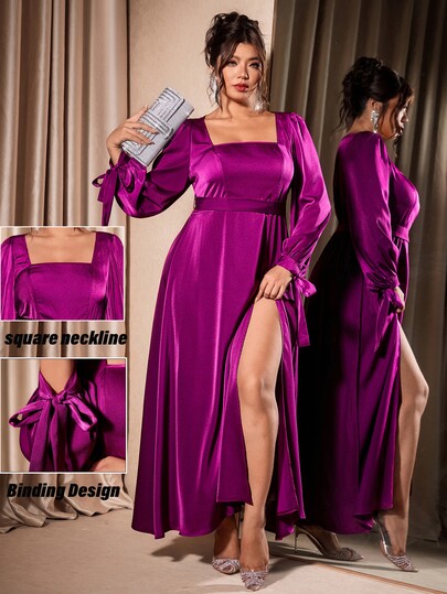 Cravure Satin Waist Tie Design Slit Plus Size Dress Wedding Evening Formal Magenta Autumn Elegant Fall